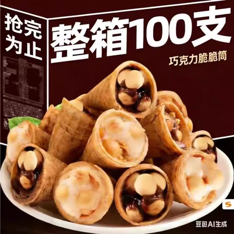 巧克力草莓味脆筒营养奶香好吃夹心饼干儿童小零食甜筒冰淇淋蛋卷