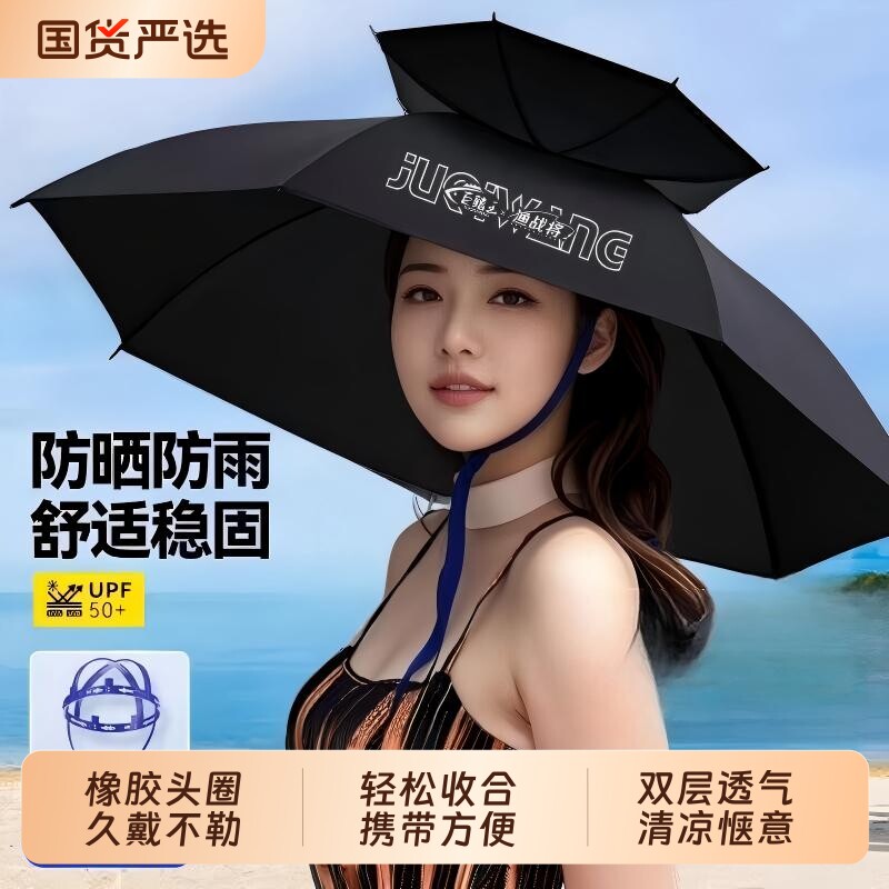 2026新款钓鱼伞帽头戴式雨伞斗笠折叠头顶伞双层大号遮阳防晒防雨图片