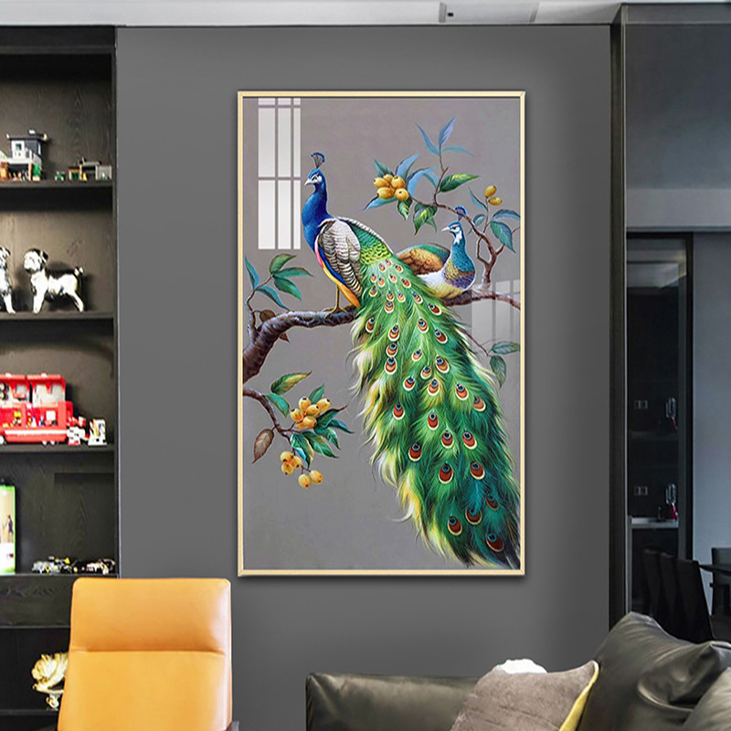 五彩孔雀凤凰壁花鸟时尚壁画中式民宿酒店玄关挂画客厅走廊装饰画图片