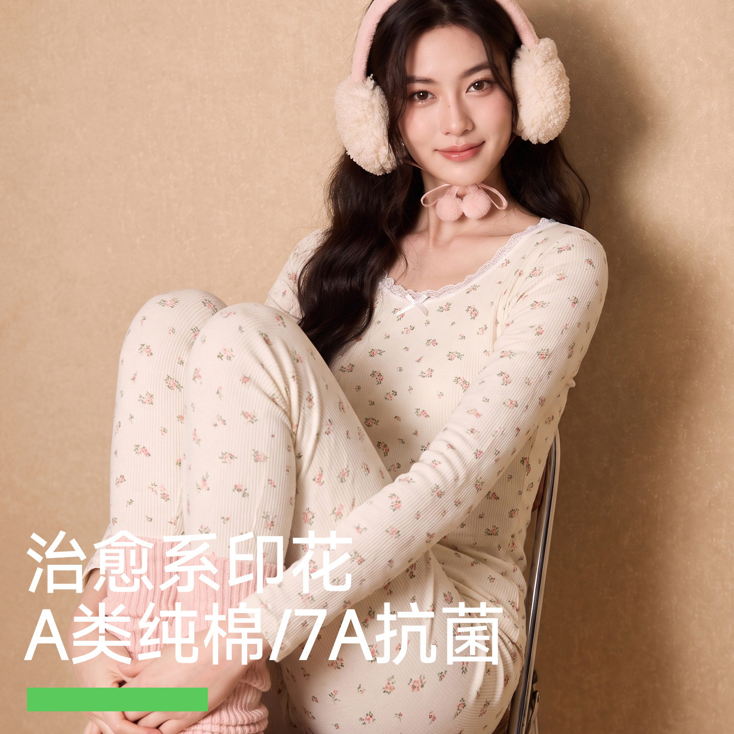 秋衣秋裤套装女印花螺纹A类抗菌面料保暖内衣女士纯棉全棉棉毛衫