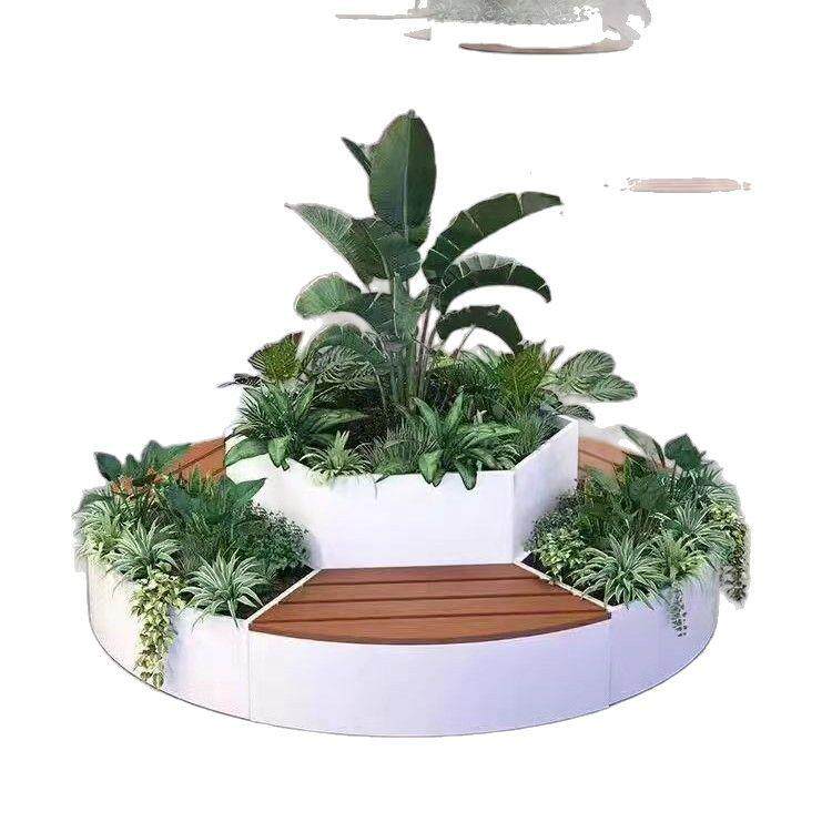 户外铁艺花箱街道小区家用坐凳花盆商场公园种植箱实木座椅厂家