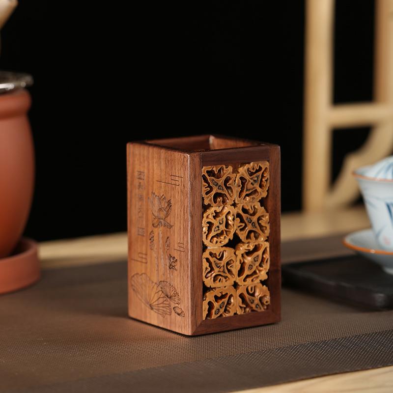 手工核桃拼接实木笔筒防开裂多功能茶桶茶具茶道筒六君子茶道配件