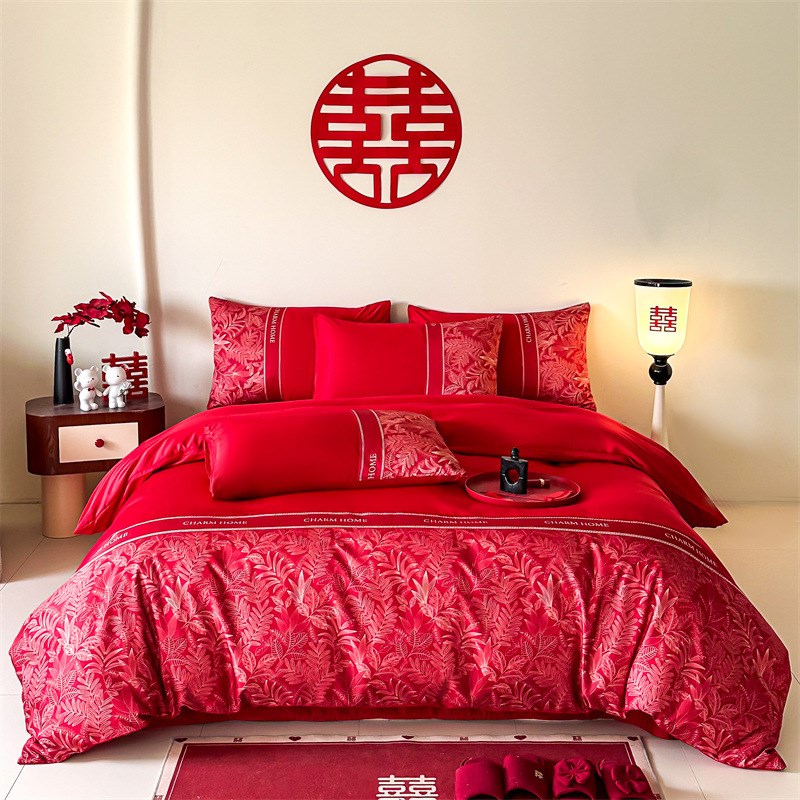 夏季婚庆水洗冰丝结婚用品床上四件套大红色双面丝滑被套床单套件