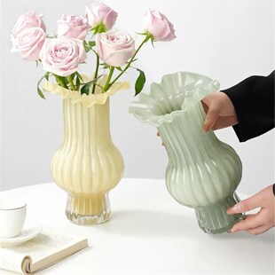 创意中古玻璃花瓶客厅水养插花高级感百褶裙摆件玻璃花瓶餐桌饰品