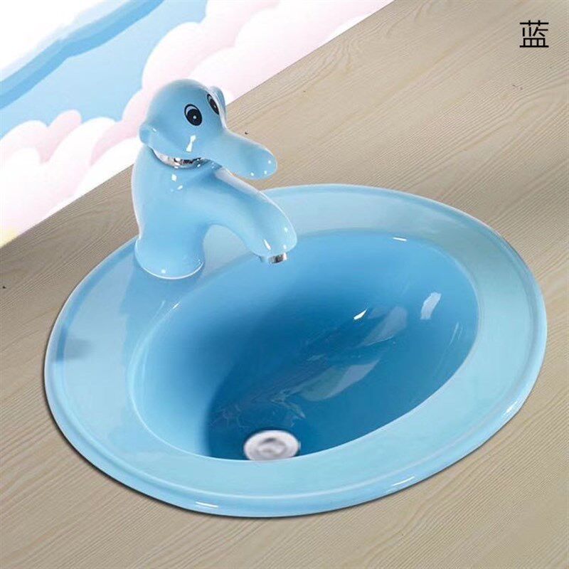 儿童陶瓷彩色16寸台中盆幼儿园嵌入式台下洗脸盆家用小孩洗手池台
