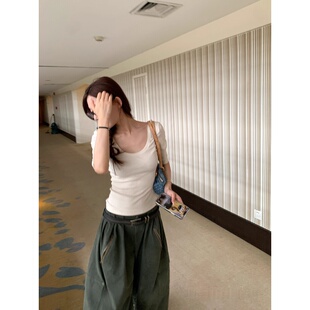 显瘦高级感薄款 修身 上衣 T恤女早秋韩版 蓝亚茹U领纯色正肩短袖