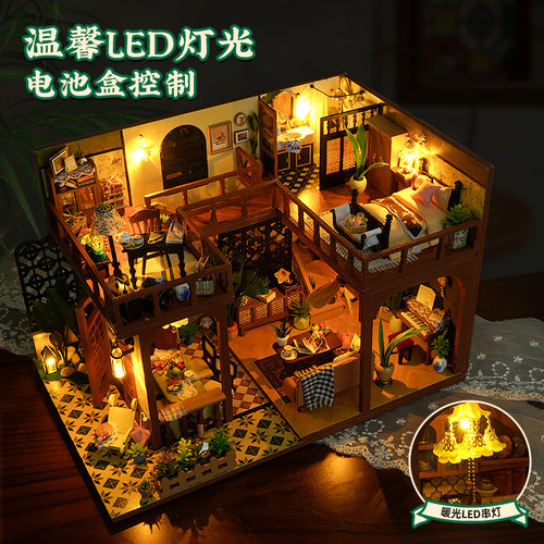 天予民国双层木质灯光小房子模型