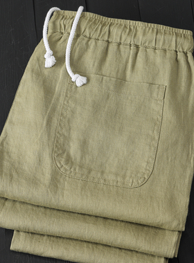 夏季果绿色纯亚麻小脚口九分裤轻薄透气吸湿排汗抽绳松紧腰直筒裤
