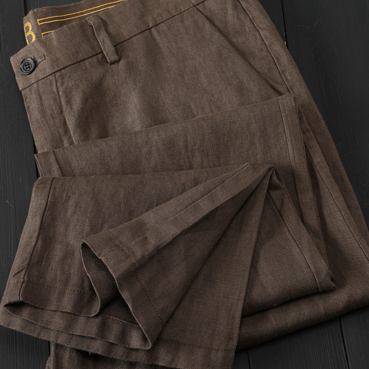 平头腰100%亚麻直筒长裤