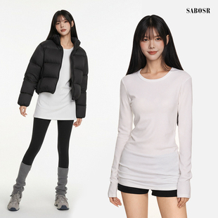 紧身打底衫 女t恤修身 上衣德绒纯棉 遮屁股长袖 白色内搭圆领中长款