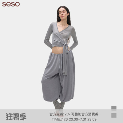 seso交叉毛织绑带罩衫紧身透气