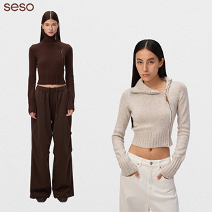 seso丨“解构主义”斜开高领毛衣毛织外套 羊毛混纺肌理感编织