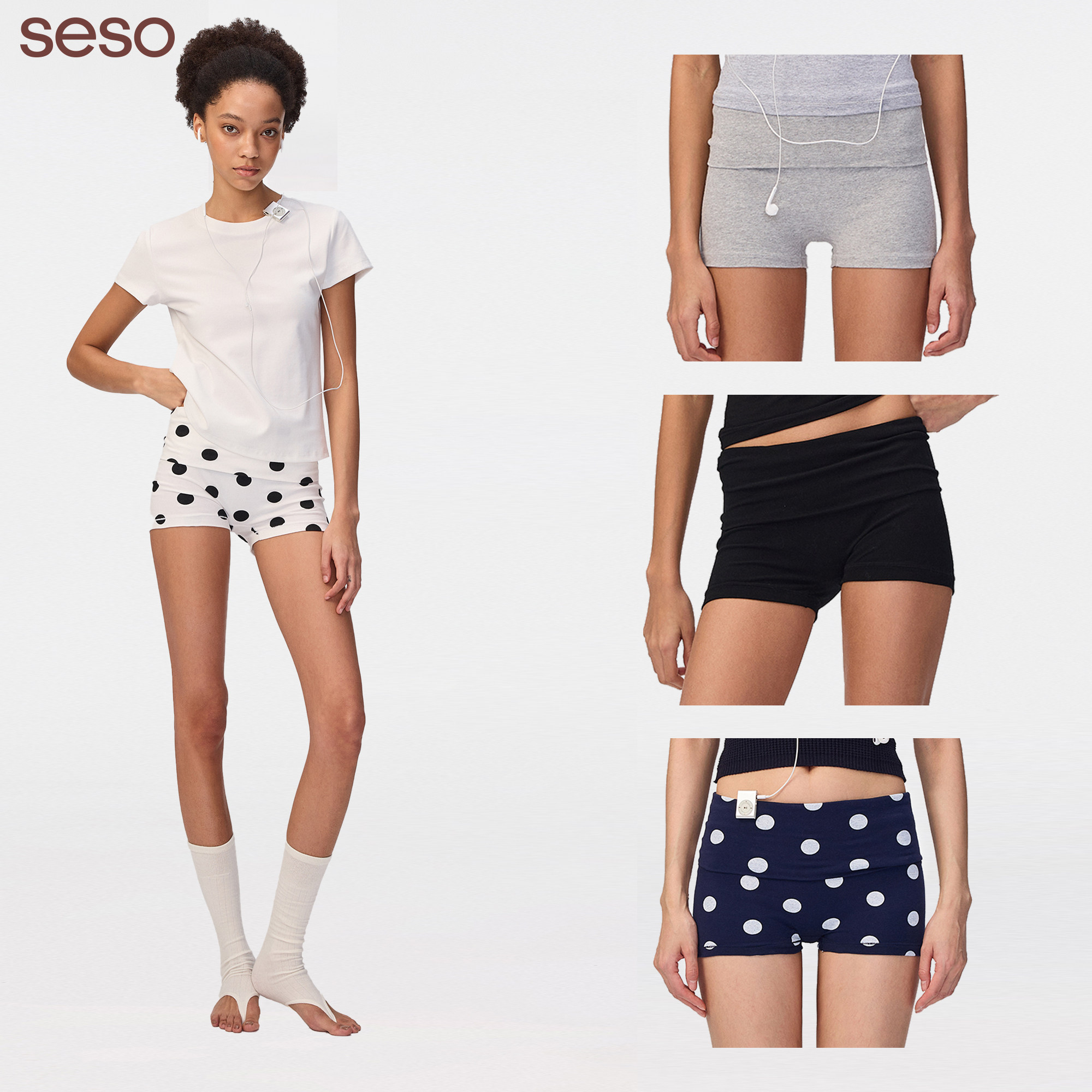 seso丨 经典黑白波点高腰针织运动短裤 复古显瘦弹力修身款透气