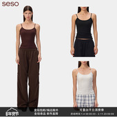 seso 简约休闲圆领坑条吊带背心 内置胸垫一体杯亲肤透气