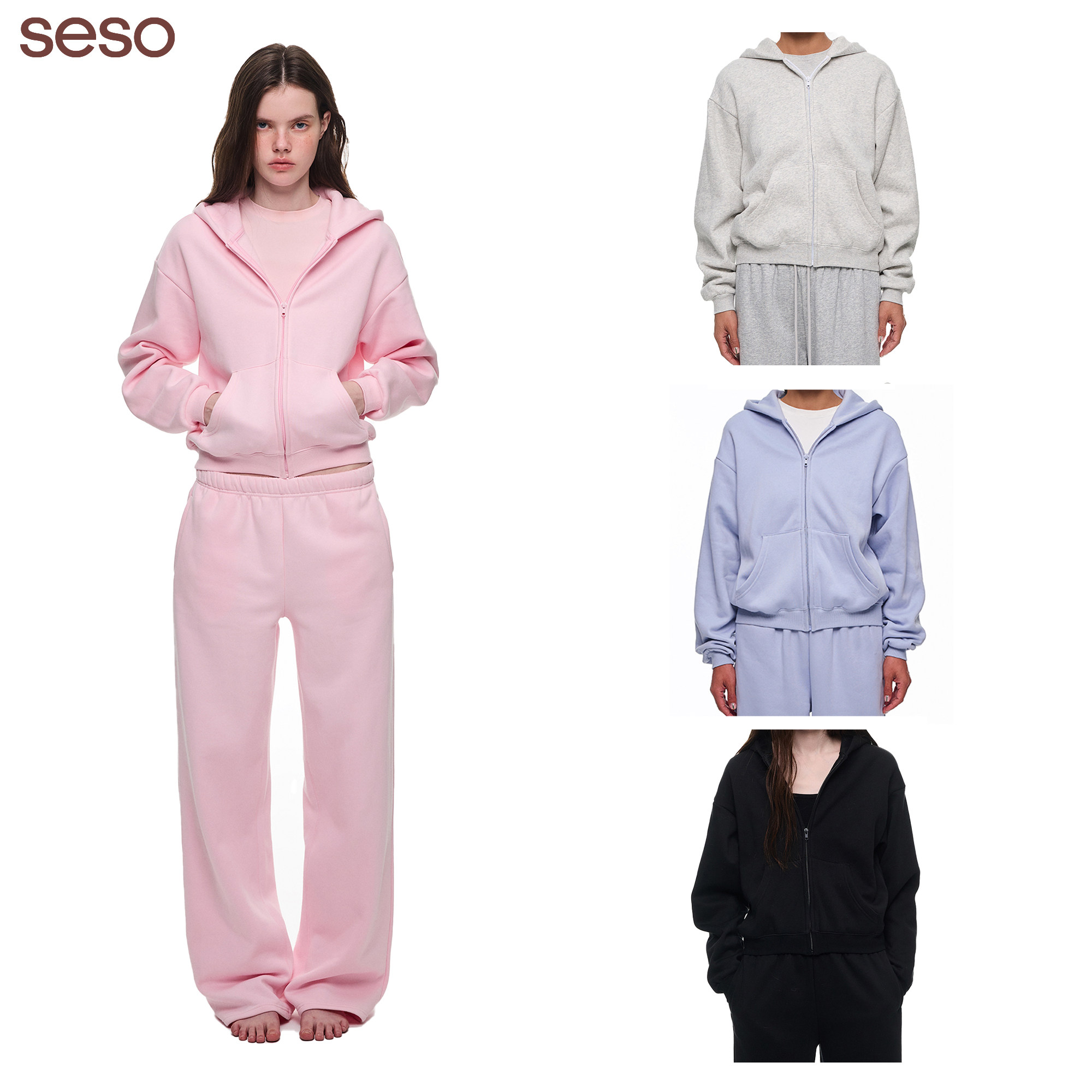 seso丨连帽粉色加绒卫衣套装外套 早春休闲百搭城市出行香蕉裤