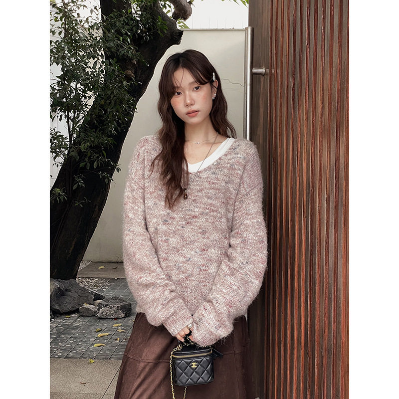 两件套韩系V露肩时尚慵懒杏色11FUU女毛绒绒百搭男款毛衣N430C