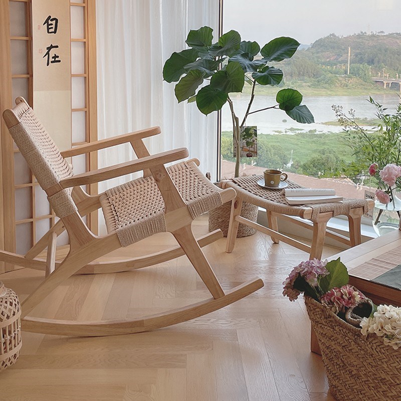 日式阳台实木客厅复古家用绳编躺椅休闲懒人沙发单人藤编摇摇椅子