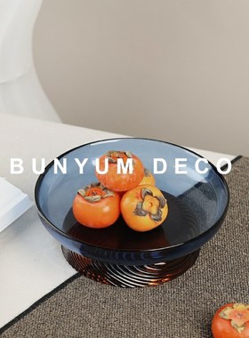 本与现代简约玻璃高脚水果盘轻奢摆件样板间书房客厅茶几家居托盘