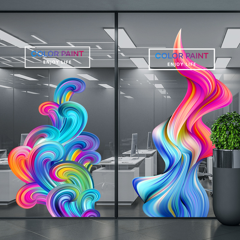 公室彩色线条玻璃贴膜公司大门玻璃墙静电商务装饰透明膜贴纸