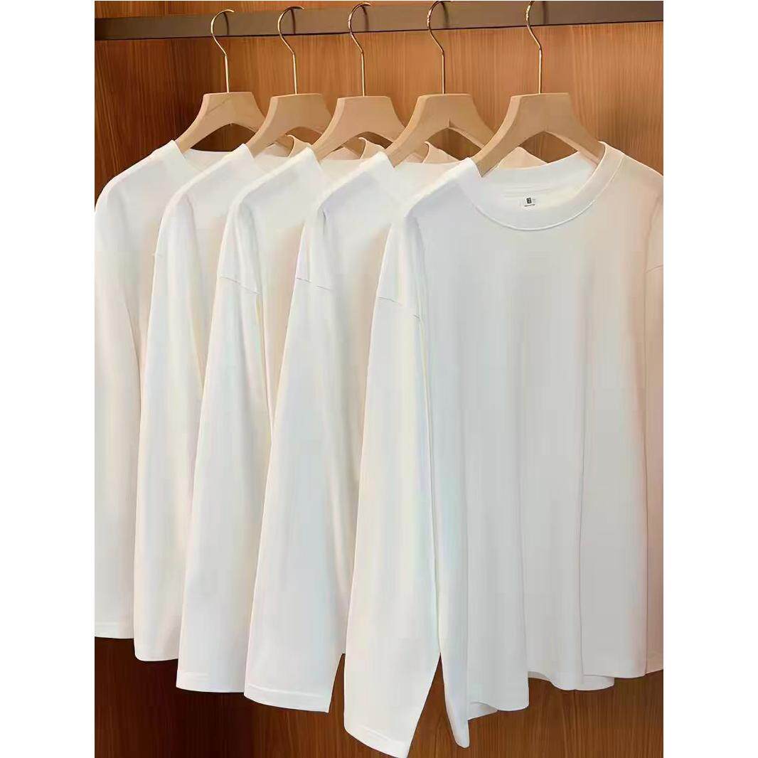 买一送一）230g新疆棉重磅纯棉长袖t恤男士纯白打底衫内搭秋衣女