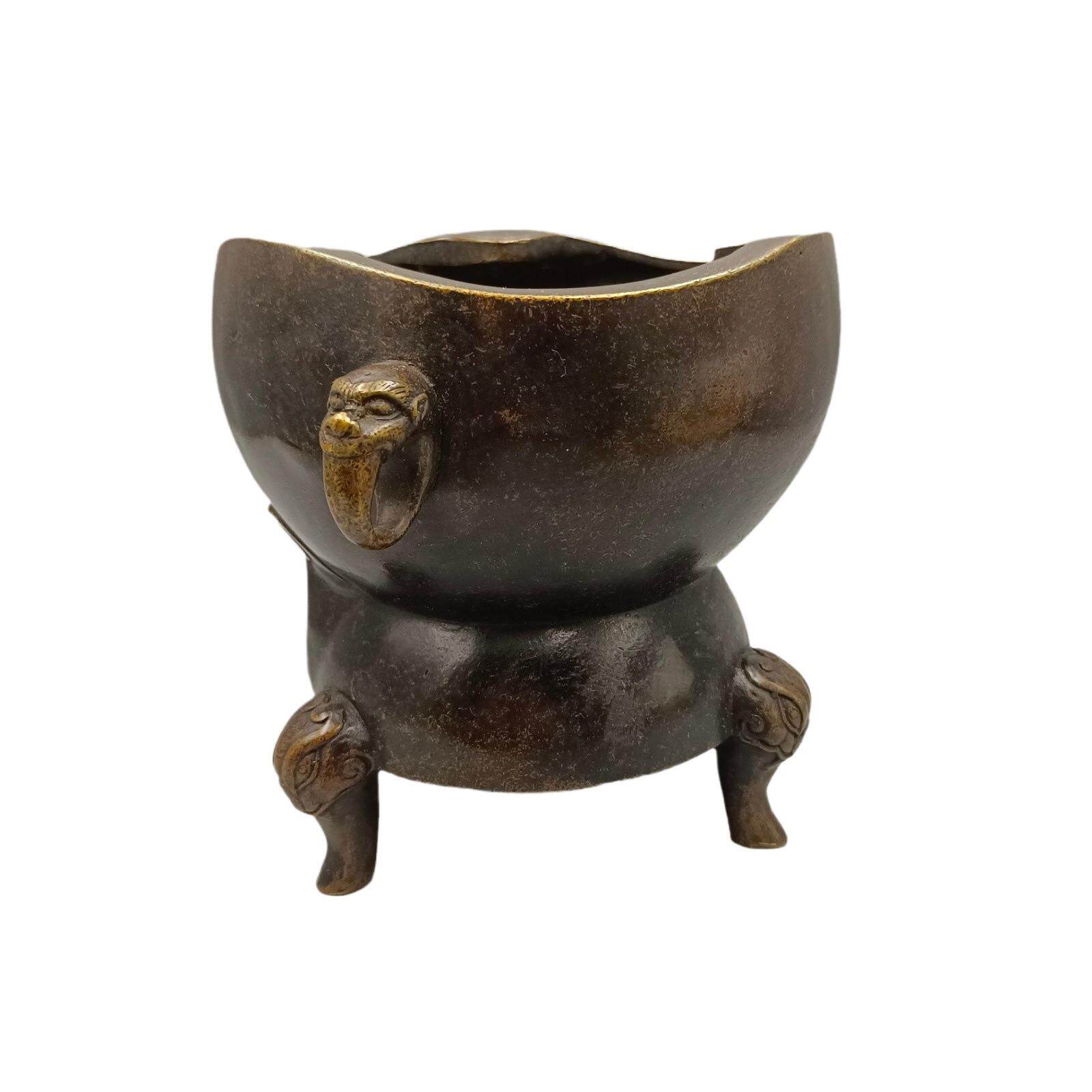 仿古兽耳羊头铜碳炉 古玩铜器收藏铜摆件 家居装饰礼品工艺品