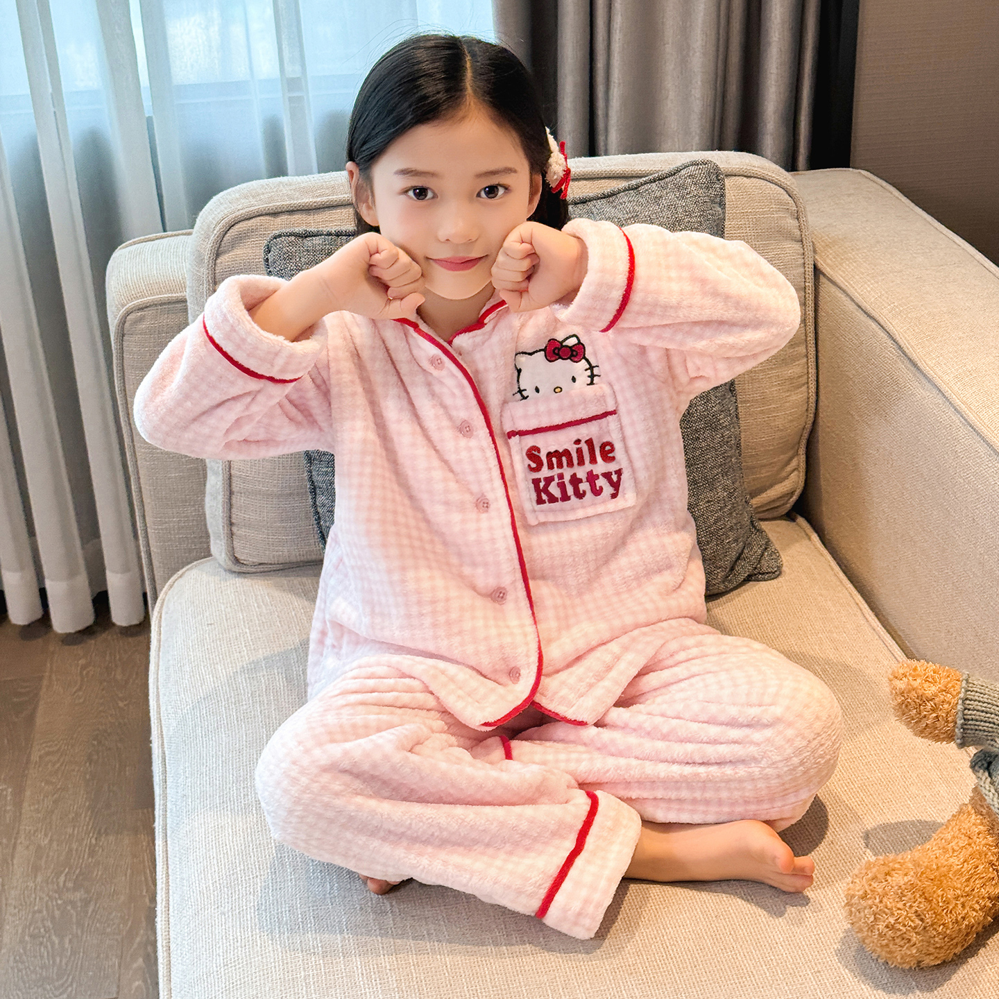 女童加厚法兰绒睡衣套装秋冬款