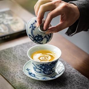 仿古寿桃三才盖碗茶杯陶瓷高档手工敬茶泡茶碗青花瓷盖碗单个大号