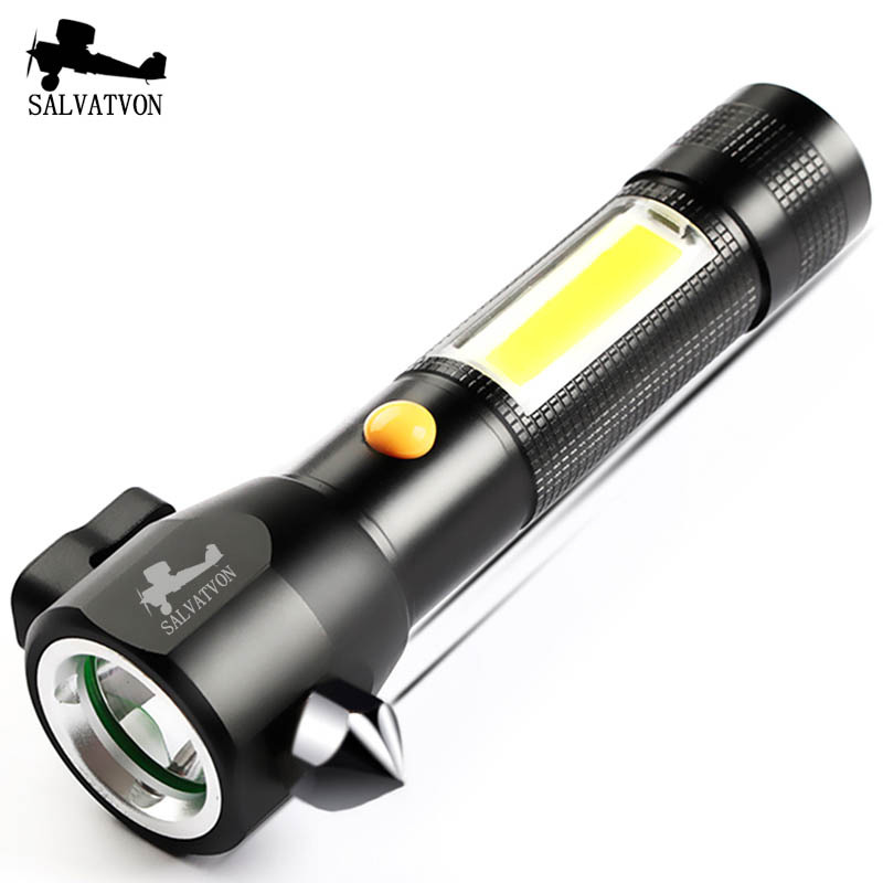 多功能强光充电手电筒户外远射铝合金超亮LED电筒车载车用安全锤