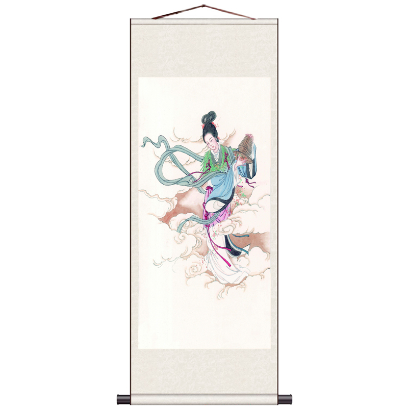 敦煌飞天仕女图丝绸挂画卷轴画茶楼装饰画中式卷轴梅花仕女图定制