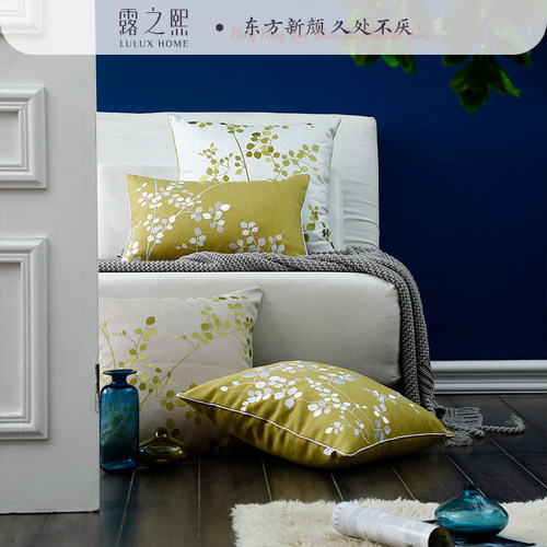 优选露之熙现代新中式刺绣花沙发抱枕靠背垫枕套不含芯绿色亚棉麻