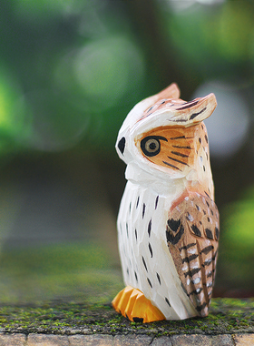 优选鹿妖商店 猫头鹰 雕鸮 纯手工木雕摆件 实木 动物 桌面摆件