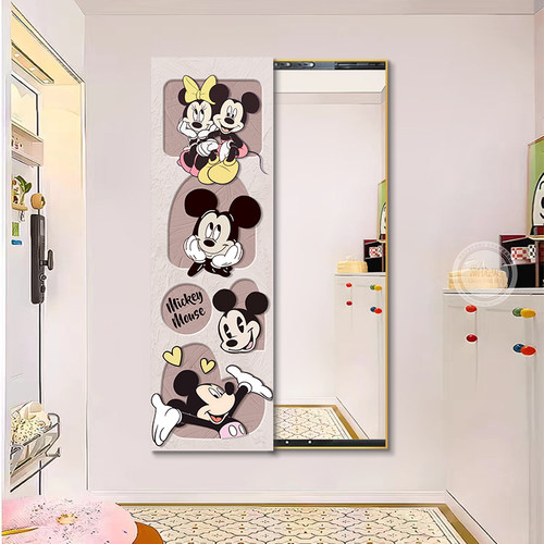 优选卡通米奇隐藏式全身镜挂画隐形推拉可遮挡穿衣镜装饰画玄关镜