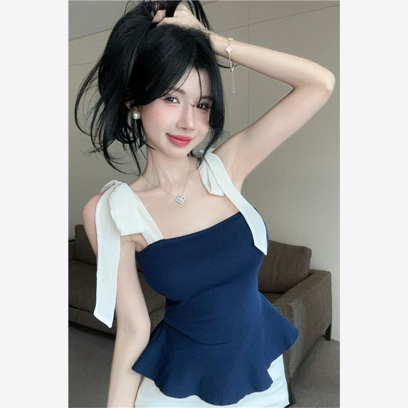 小香风荷叶边吊带背心女外穿夏季纯欲甜辣妹一字肩抹胸上衣高级感