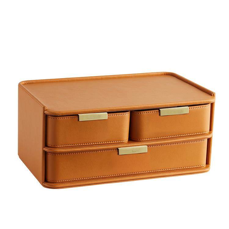 欧式轻奢皮质抽屉式桌面化妆品收纳盒多层家用杂物整理防尘储物盒,收纳整理,桌面收纳盒,淘宝优惠券,粉丝福利购,淘宝优惠卷