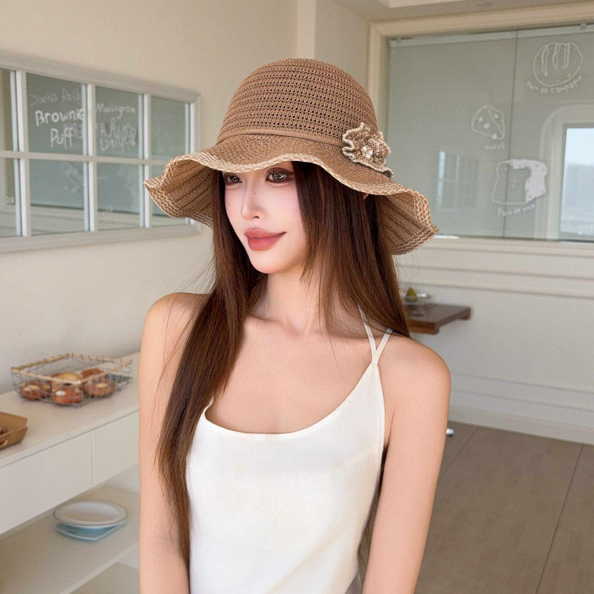 花朵渔夫帽夏季女帽子英伦时尚遮阳帽夏天太阳帽时尚镂空防晒帽