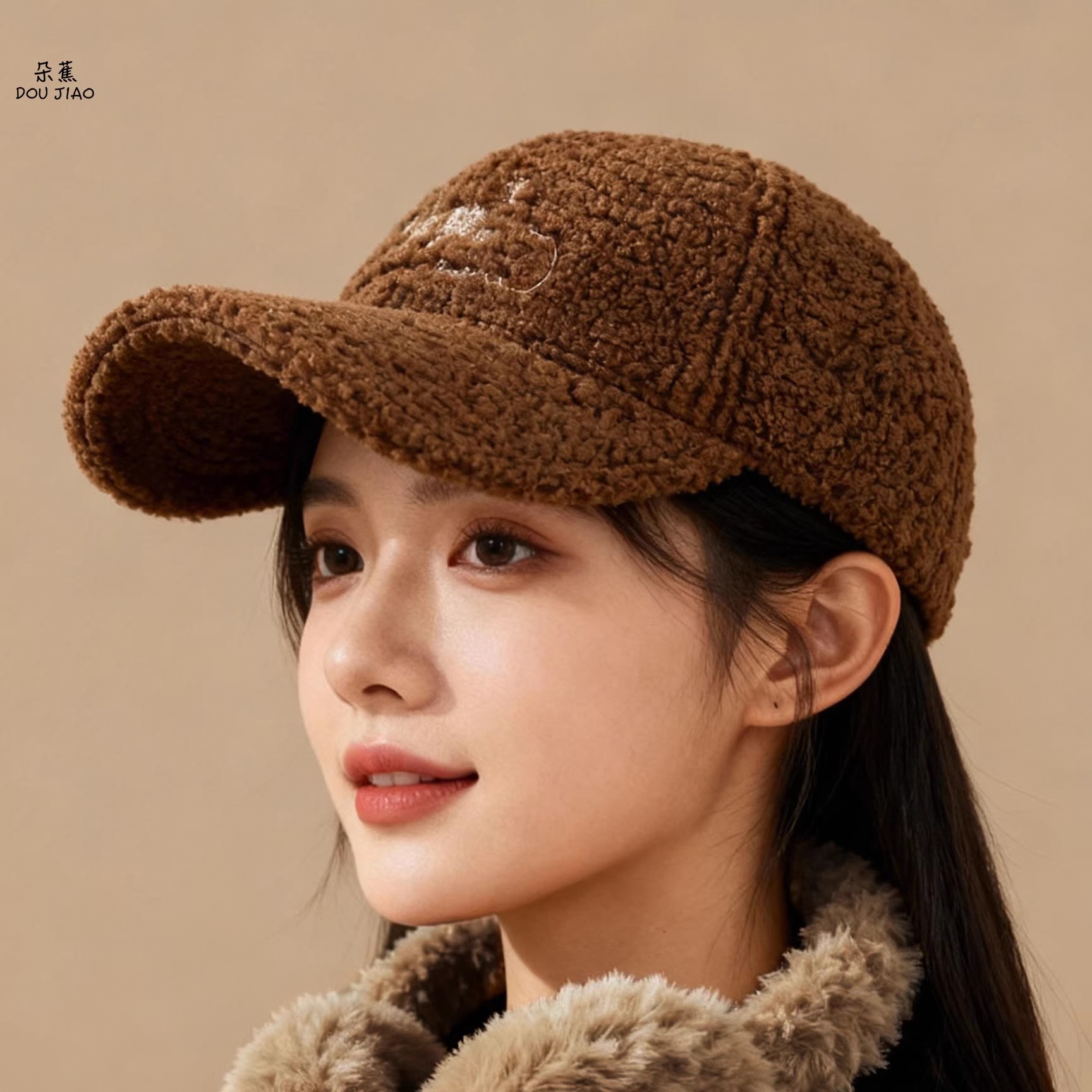 羊羔绒鸭舌帽子女加绒保暖棒球帽
