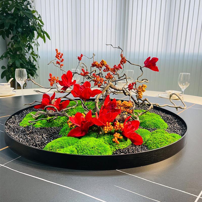 酒店大圆桌中间转盘永生苔藓餐桌仿真花装饰摆件中式枯枝桌景摆设