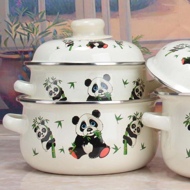 搪瓷汤锅熊猫戏竹16/18/20珐琅平底炖锅1L/1.5L/2.2L煮面锅煎药锅