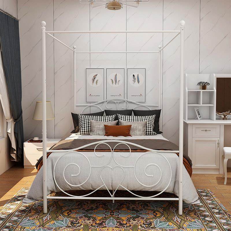 铁艺床公主风主卧大架子床欧式单双人床经济型女孩白色拼接蚊帐床