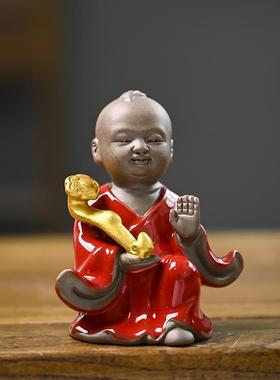 招财童子紫砂福娃宝宝吉祥如意招财进宝人物桌面客厅陶瓷摆件送礼