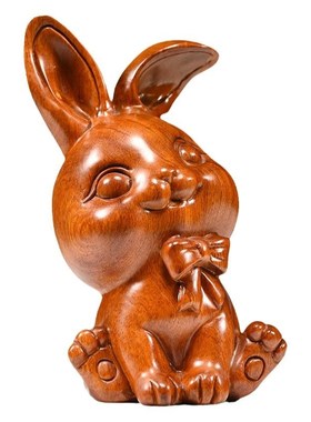 兔摆件吉祥物花梨实木雕刻木头兔子三合J十二生肖属相木制品工艺