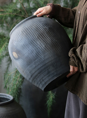 复古灰色陶罐f侘寂风造景装饰花园翁缸粗陶土陶落地圆形大肚大花