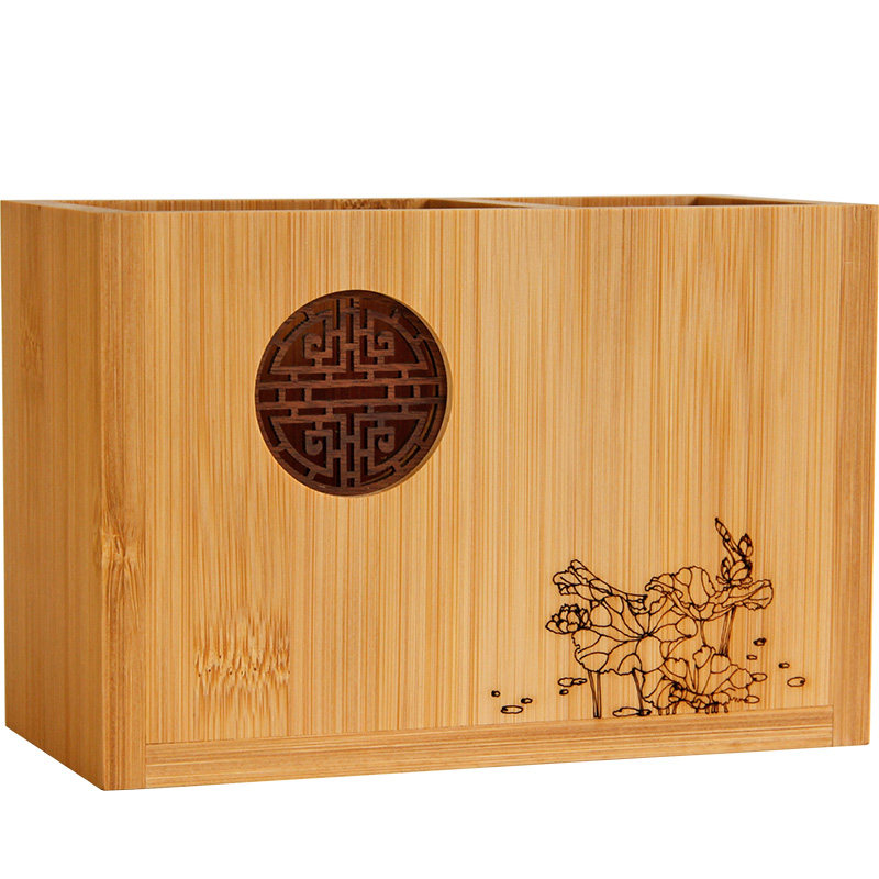 笔筒收纳盒大容量双格多功能学生复古中国风实木桌面定制Ylogo刻