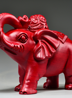 红色实木雕d刻大象摆件一对家居办公室玄关装饰工艺品开业新居送
