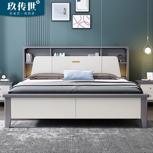 现代简约实木床1.5米白色家用主卧1.E8m带灯储物床单双人1.2米婚
