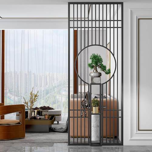 新中式入户屏风隔断客厅镂空简约现代金属格栅轻奢玄关不锈钢花格