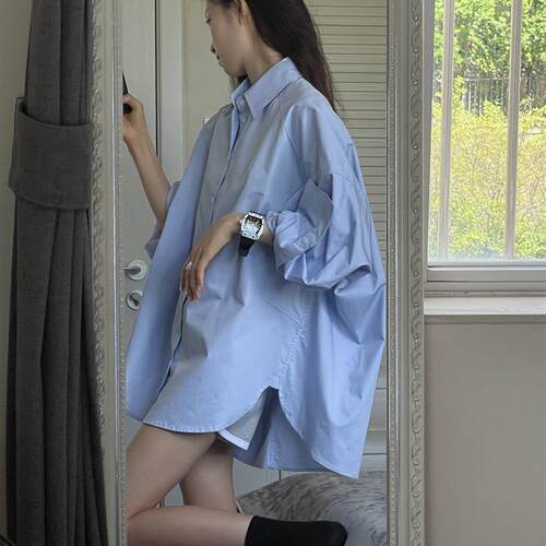 FREEDMST 蓝色衬衫女秋冬新款宽松休闲挺括时髦长袖防晒衬衣外套