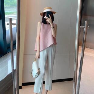 别致设计感小众百褶圆领显瘦褶皱t恤女 春夏款 三宅上衣 不规则无袖