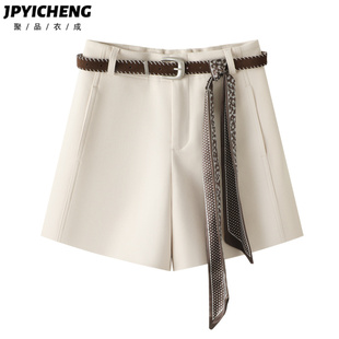 杏色西装阔腿裤女2025新款冬季高腰显瘦宽松垂坠感小个子休闲短裤