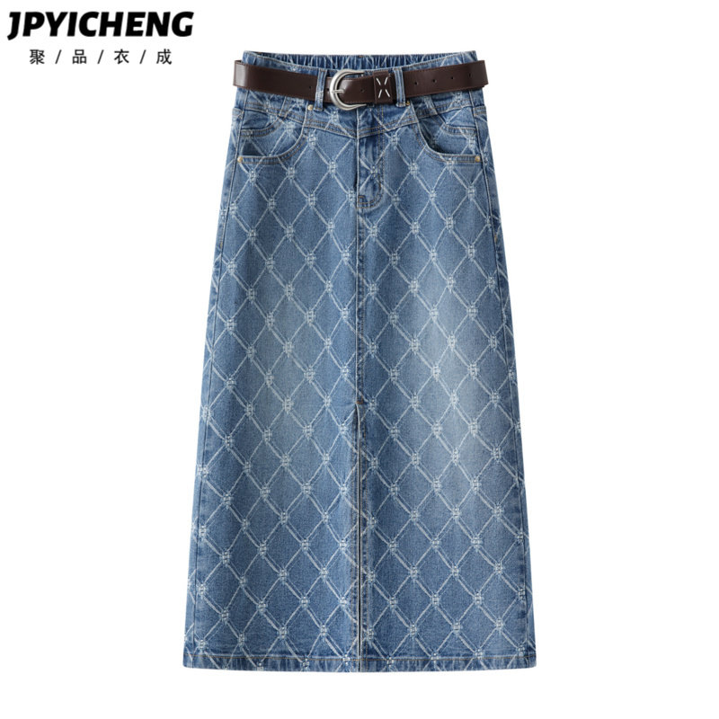 蓝色印花网格包臀半身裙女2026新款春季高腰显瘦一步直筒群子长裙,女装/女士精品,半身裙,淘宝优惠券,粉丝福利购,淘宝优惠卷